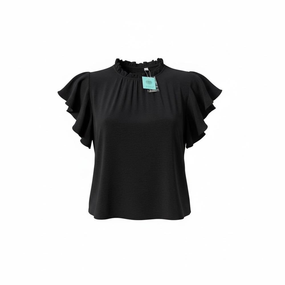 Aifer Blouse XL Black Flutter Sleeve Ruffle Neck NWT